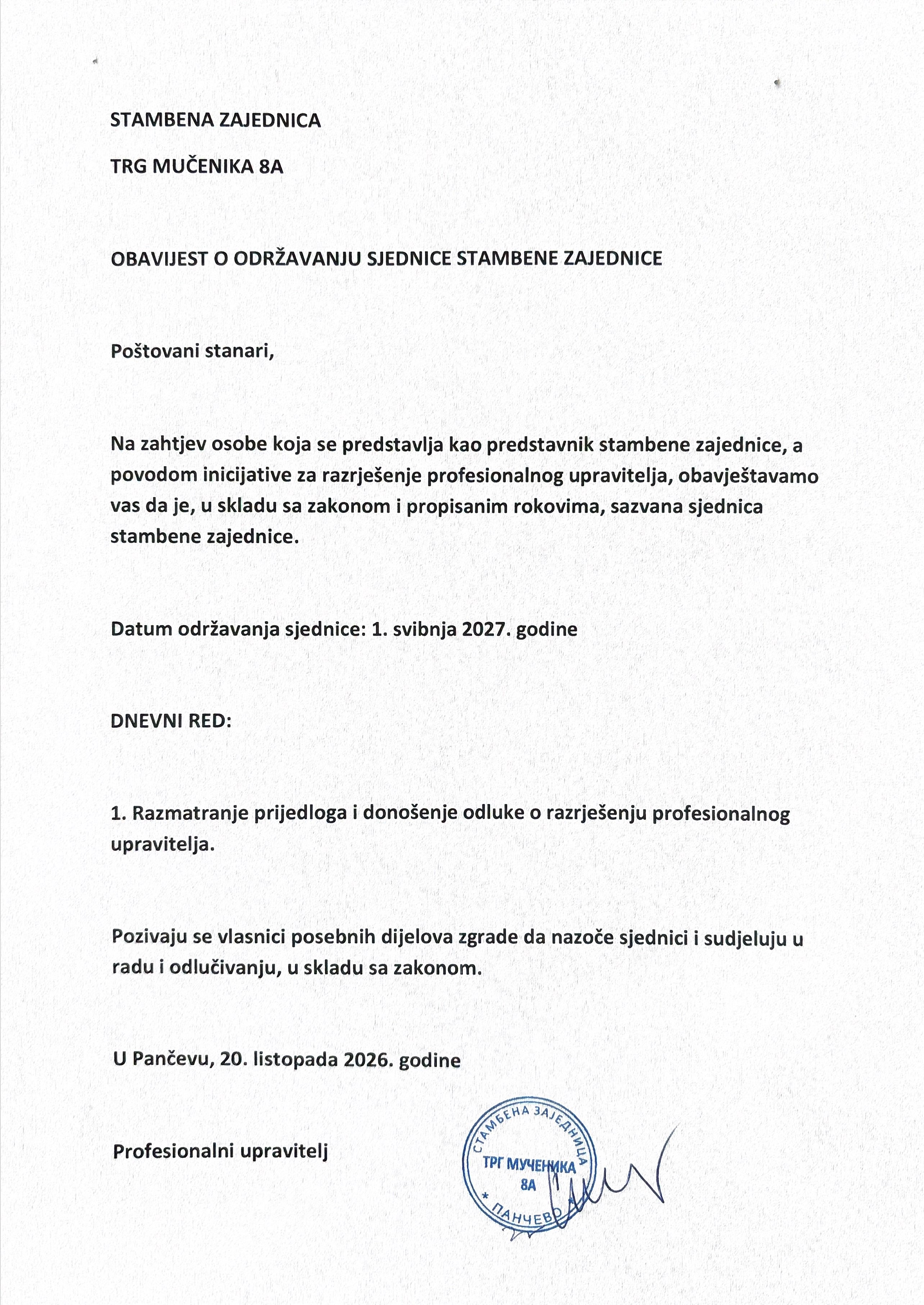 Sken akta profesionalnog upravnika Slavka Bodiroge od 20.10.2026. za 1. svibnja 2027.
